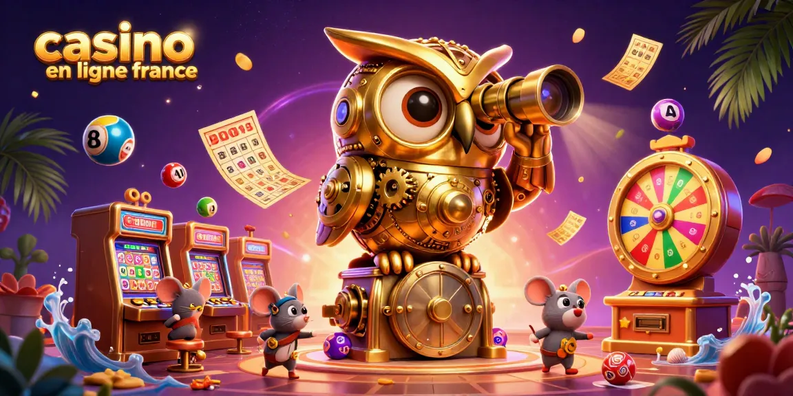 Jouez au casino en ligne France avec une illustration dynamique et colorée de jeux de hasard.