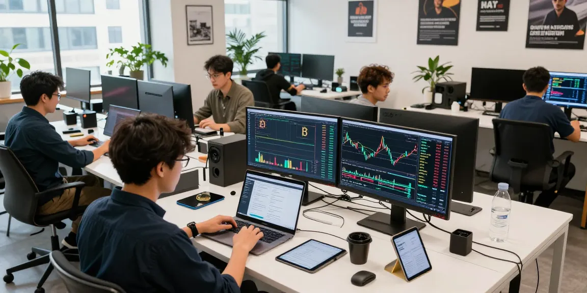 Cricbet99 digital workspace featuring cryptocurrency trading charts, DeFi platforms, and blockchain technology in a modern co-working environment.
