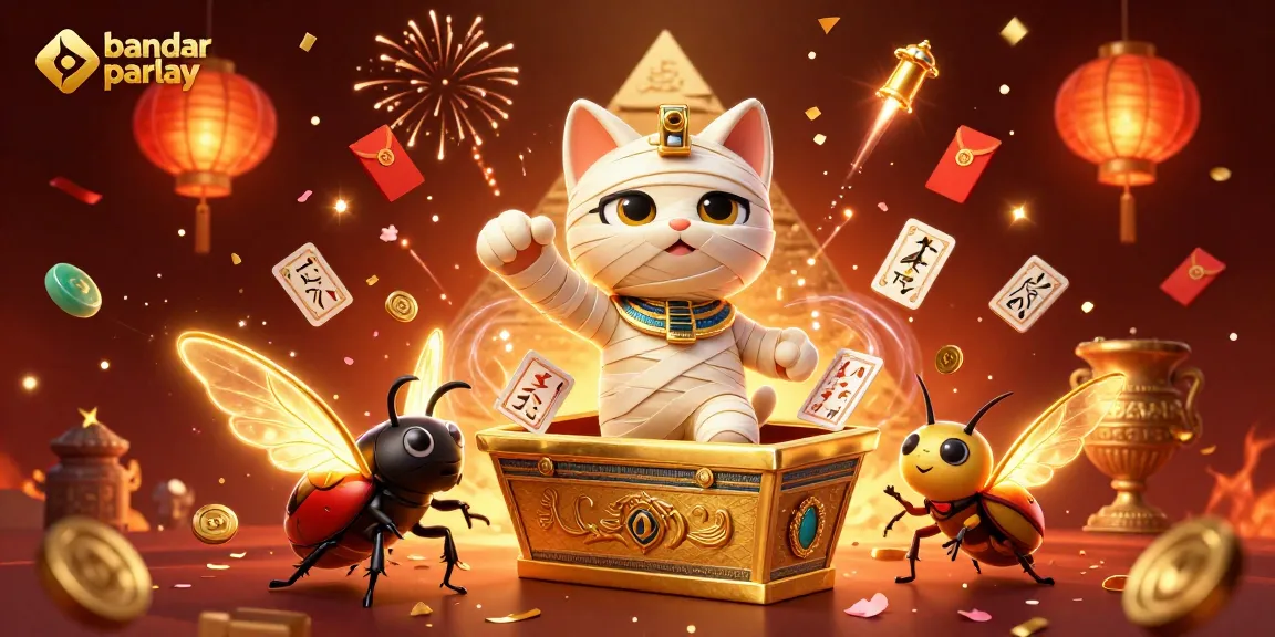 Bet on bandar parlay with an enchanting scene featuring a mummy cat and golden elements.