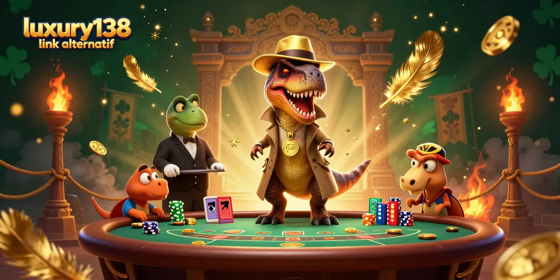 Play at luxury138 link alternatif with a velociraptor at a lively black jack table surrounded by casino elements.