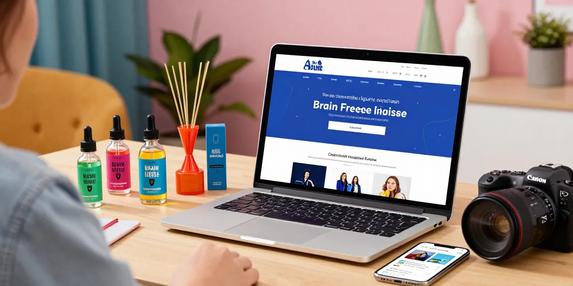 Explore vibrant options to buy Brain Freeze Liquid Incense online, surrounded by colorful product bottles and a laptop.