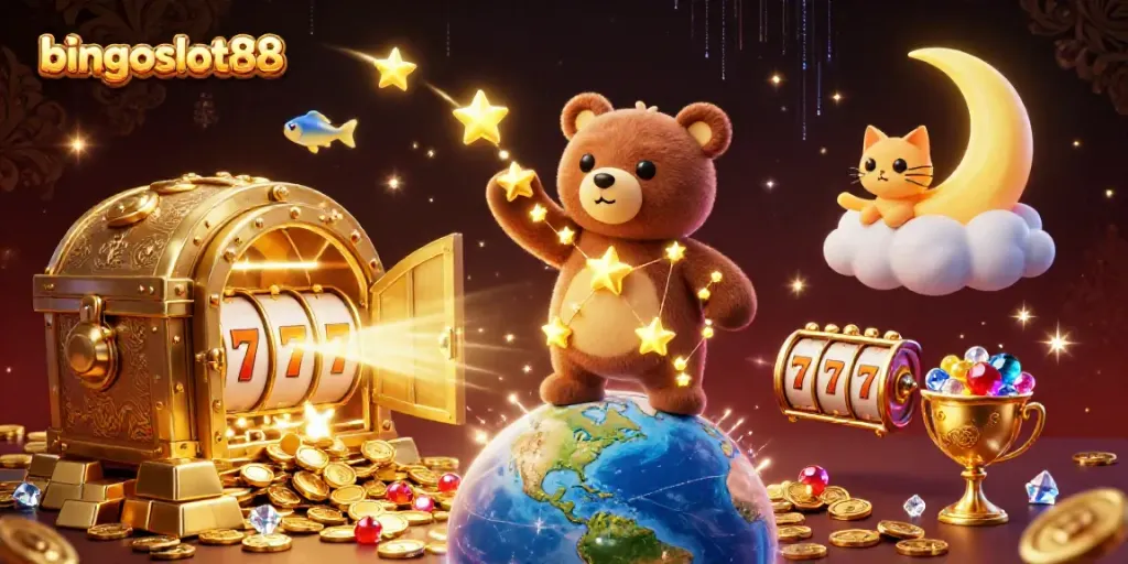 Raih keberuntungan dengan bingoslot88 di ilustrasi 3D gemerlap yang penuh harta karun.