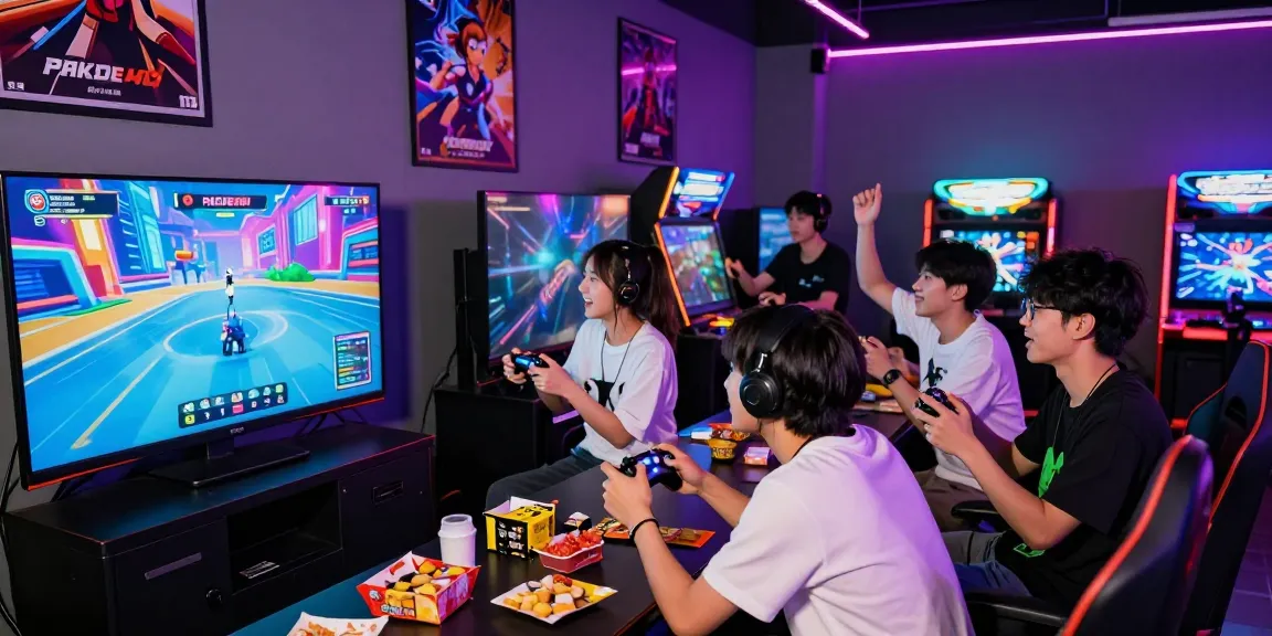Engaged gamers playing PAKDE4D in a lively modern arcade atmosphere.