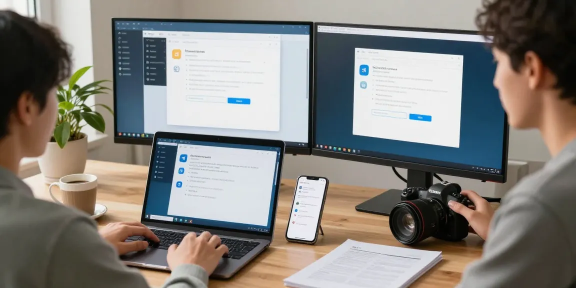 Telegram Chinese setup tutorial in a modern home office workspace.