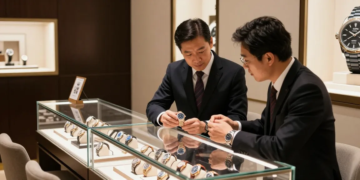 Examining replica watches in an elegant luxury watch store environment.