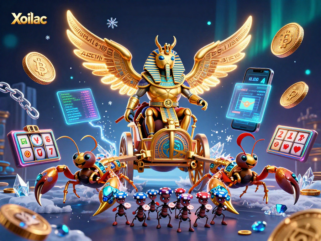 Xoilac presents a vibrant 3D illustration of a pharaoh-themed casino scene with a golden scarab and crypto elements.