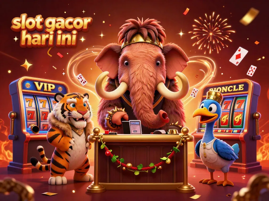 Permainan di slot gacor hari ini dengan bouncer mamut, tamu VIP, dan pelayan burung dodo yang meriah.
