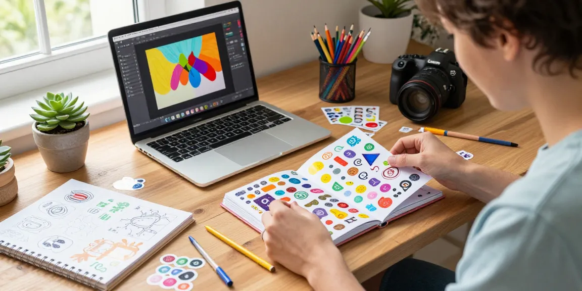 Vibrant workspace scene featuring a custom reusable sticker book assembly with colorful stickers.