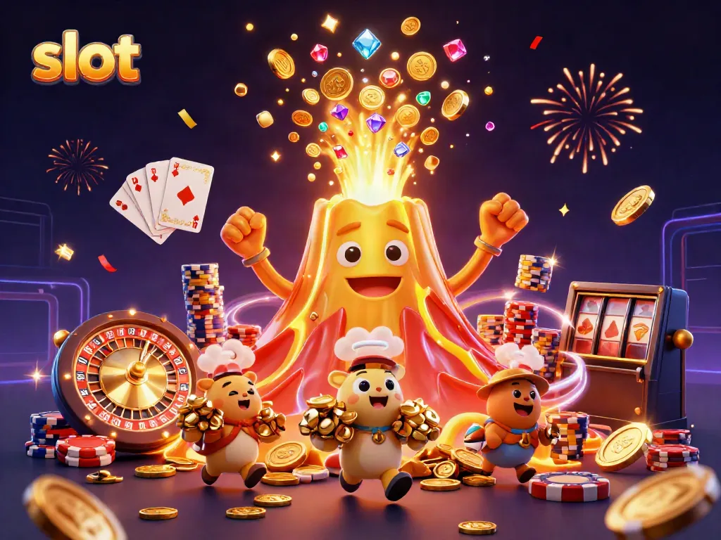 Spin the slot reels with vibrant treasures and euphoric characters in a colorful casino scene.