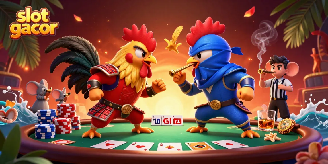 Slot gacor menghadirkan pertarungan seru antara ayam pejantan di arena, dikelilingi elemen permainan yang mencolok.