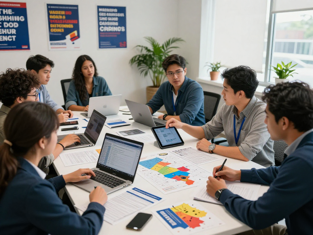 Online reputation management for candidates illustrated with a diverse campaign team analyzing voter data in a vibrant office.