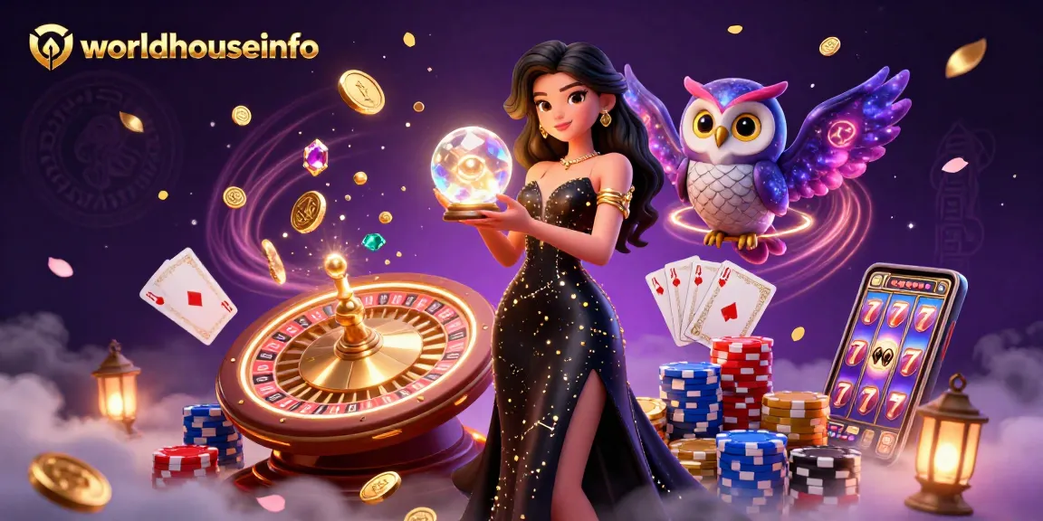 Immerse in the magical worldhouseinfo casino scene with a mystical woman, owl, and dazzling games.
