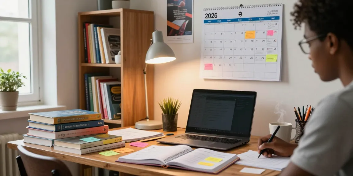 A study environment showcasing the 2026 neco timetable prominently on the wall, with a student focused on preparing for exams in a cozy workspace.