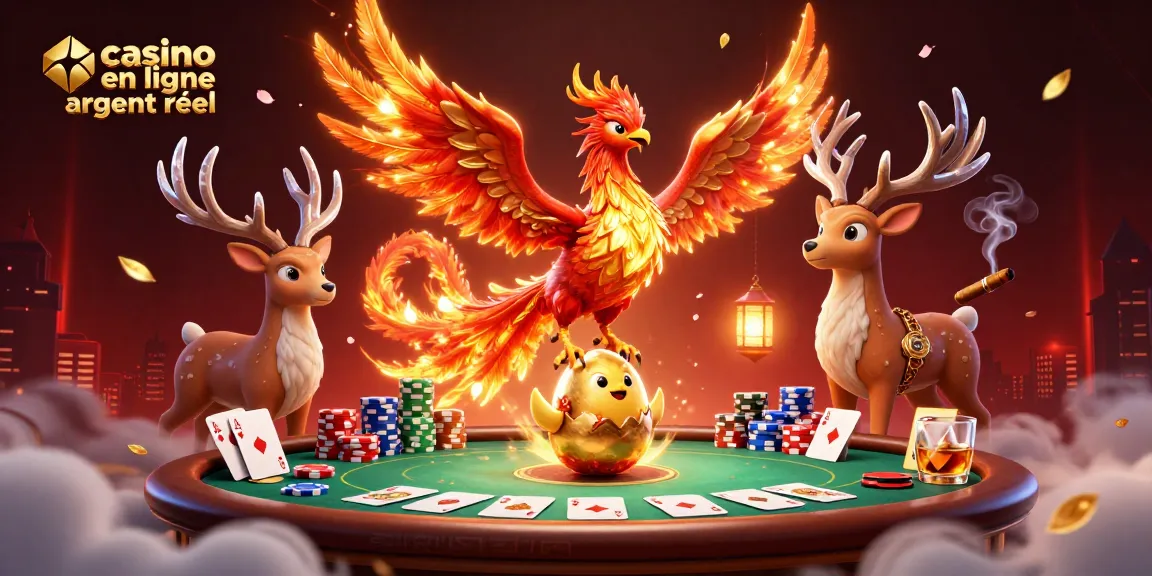 Visualisation d'un casino en ligne argent réel avec un phénix en feu et des jetons de poker colorés.