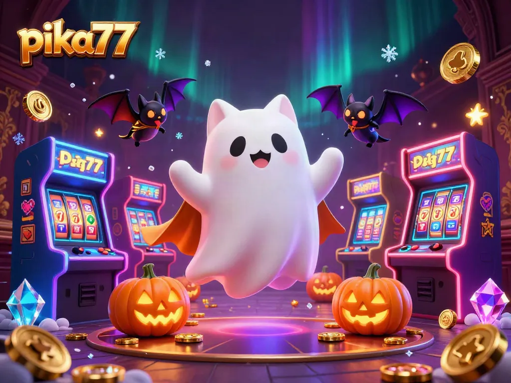 Engage in gaming adventures at pika77 with a ghost cat and vampire bat in a vibrant casino scene.
