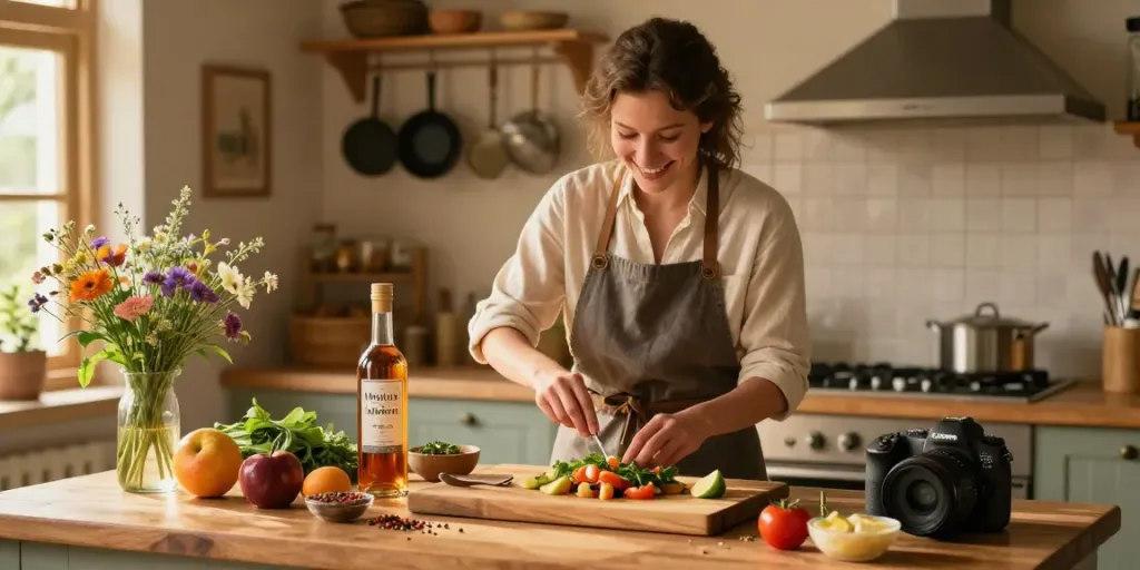 Home cook crafting a gourmet dish with Maplelixir and fresh ingredients in a cozy kitchen.
