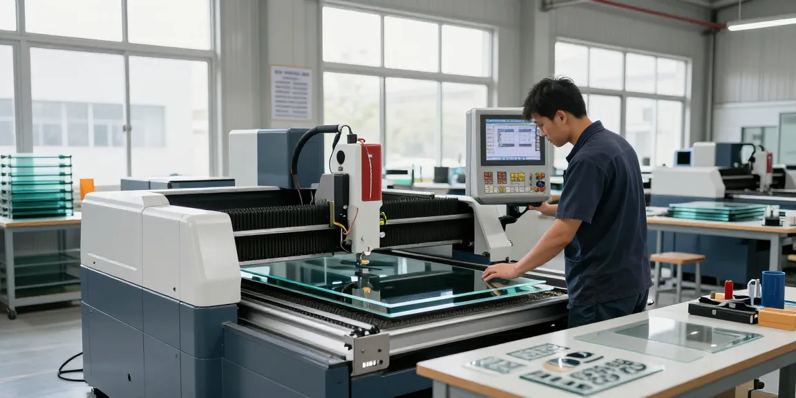Technician operating a CNC glass cutting machine in a modern workshop, showcasing advanced glass processing technology for precision cutting.