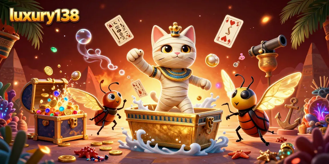 Luxury138 menyajikan ilustrasi kasino 3D dengan karakter kucing mumi yang mengagumkan dan kartu permainan hieroglif.