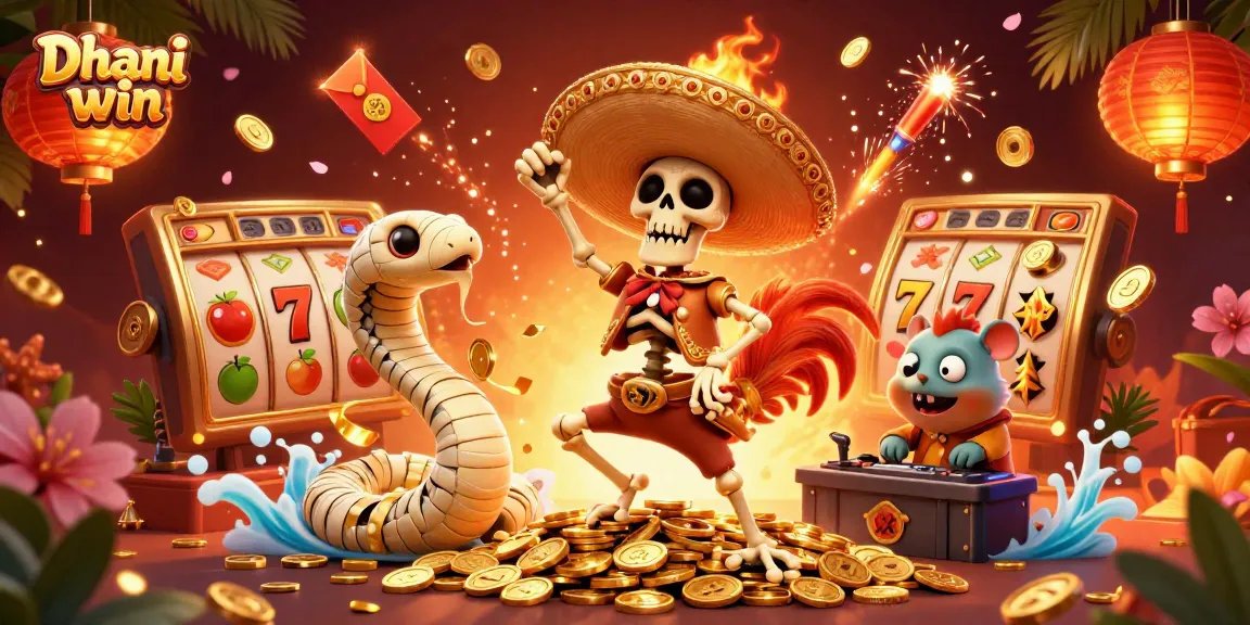 Dhani win gaming scene with animated characters and casino symbols celebrating a jackpot victory.
