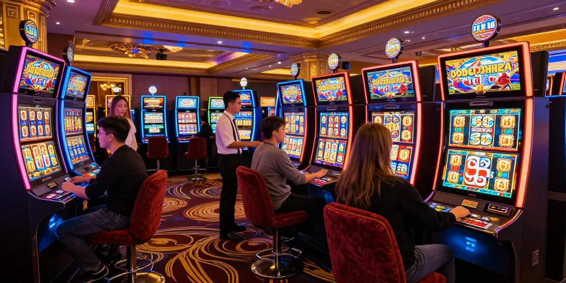 Pengunjung memainkan slot dengan mesin berwarna-warni di kasino, suara kegembiraan saat jackpot jatuh.