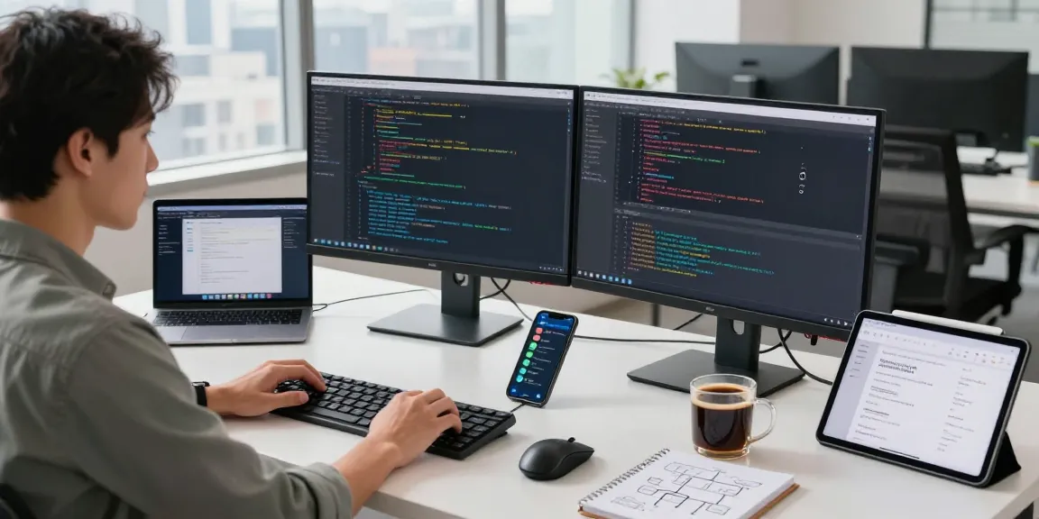 Developer coding at telegraimin.com workspace with dual monitors and laptop, showcasing a modern tech environment.