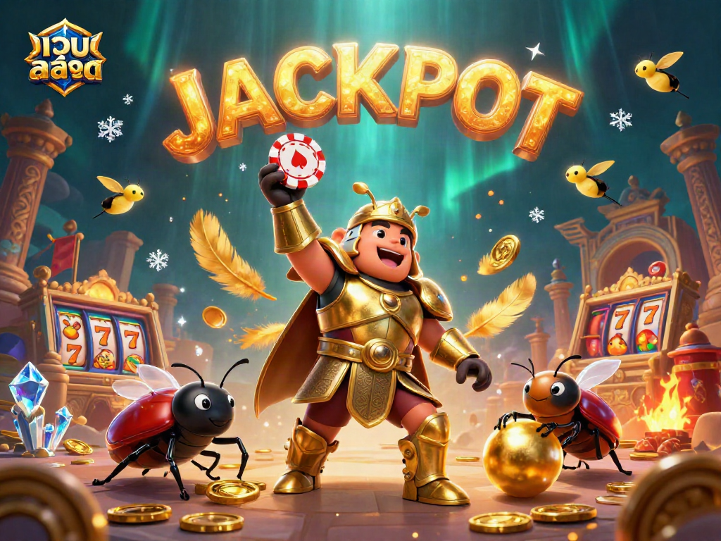 Engage in เว็บสล็อต action with a champion beetle and golden tokens celebrating victory.
