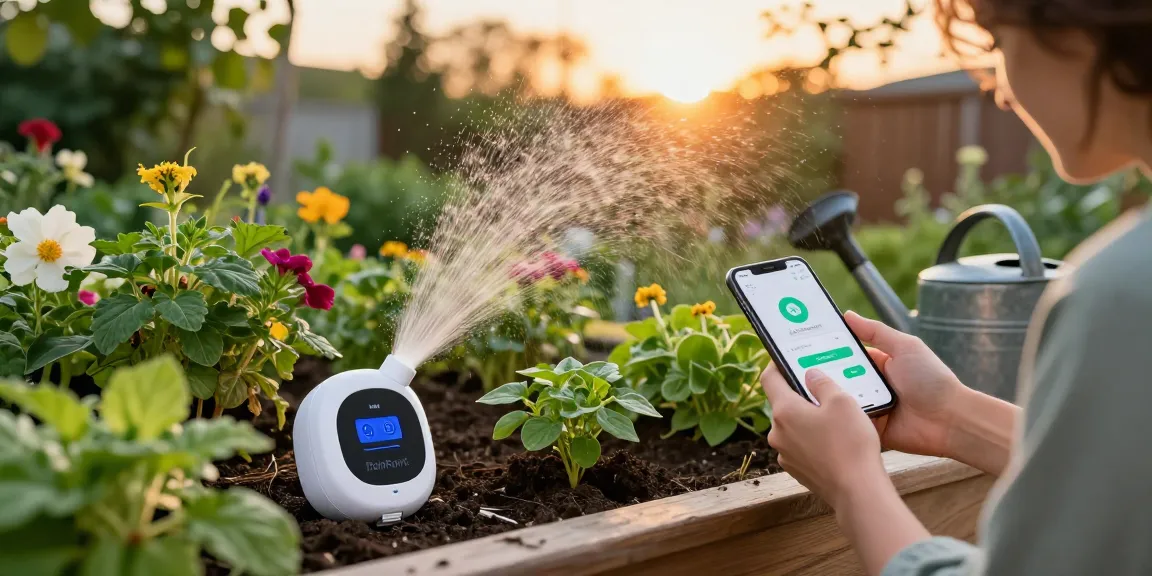 Person using RainPoint WiFi water timer in a vibrant garden to automate plant watering.