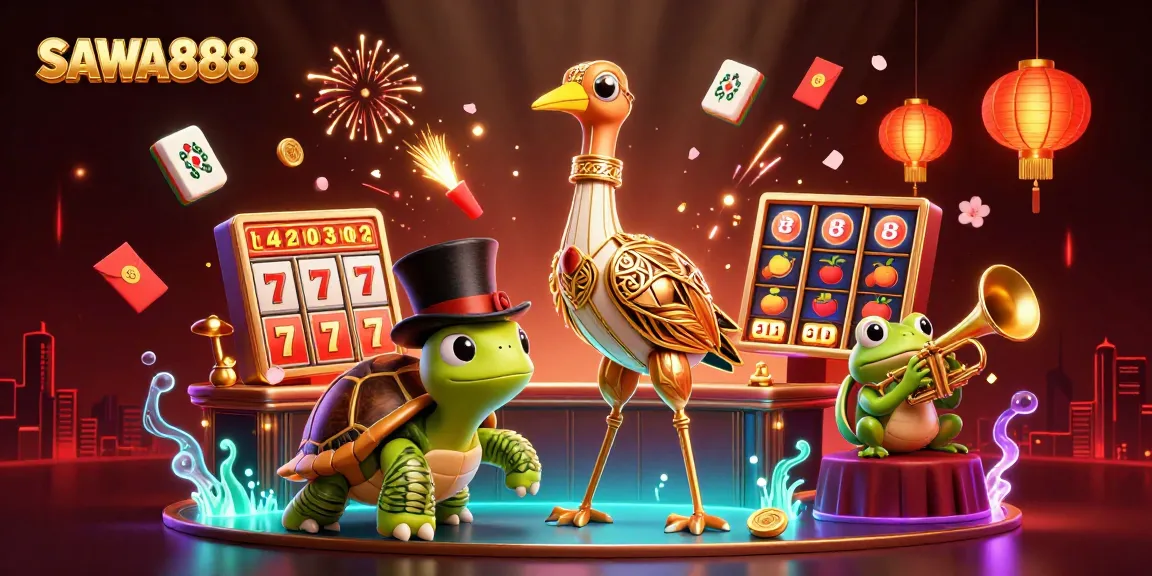 SAWA888 players enjoy dynamic slot action with a turtle, crane, and frog at a vibrant casino scene.