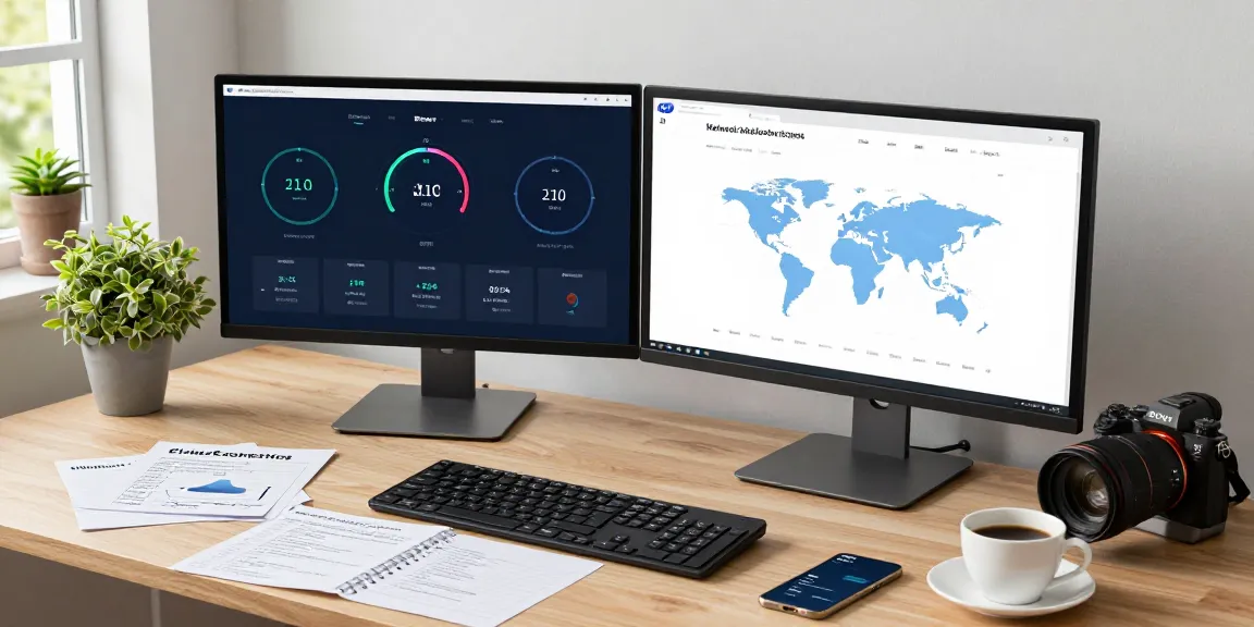 快连 application on dual monitors in a tech workspace, showcasing network speed and server locations.