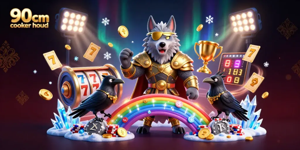 Bet on a 90cm cooker hood showcased amidst vibrant casino elements and a Norse-themed backdrop.
