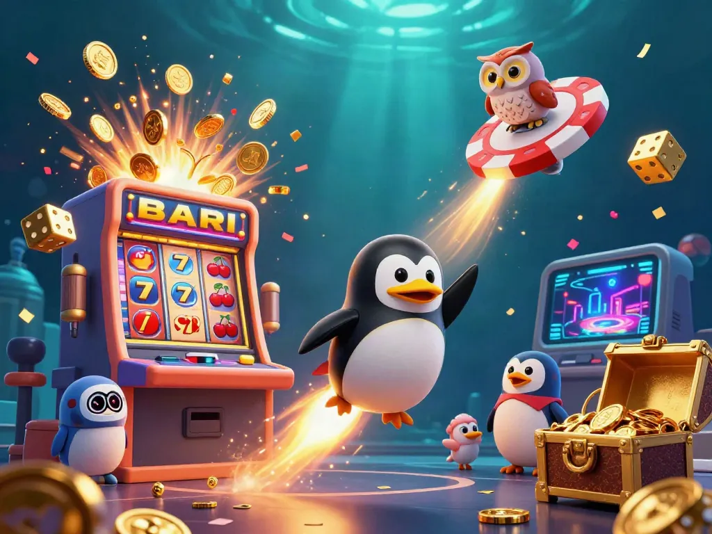 Rans4d mempersembahkan ilustrasi 3D kartun menampilkan penguin emas dengan roket meluncur dalam perjalanan menuju kasino.