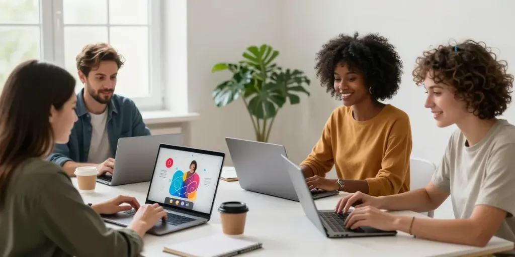 Vibrant community engaging online through laptops, showcasing rokok88 slot interactions.