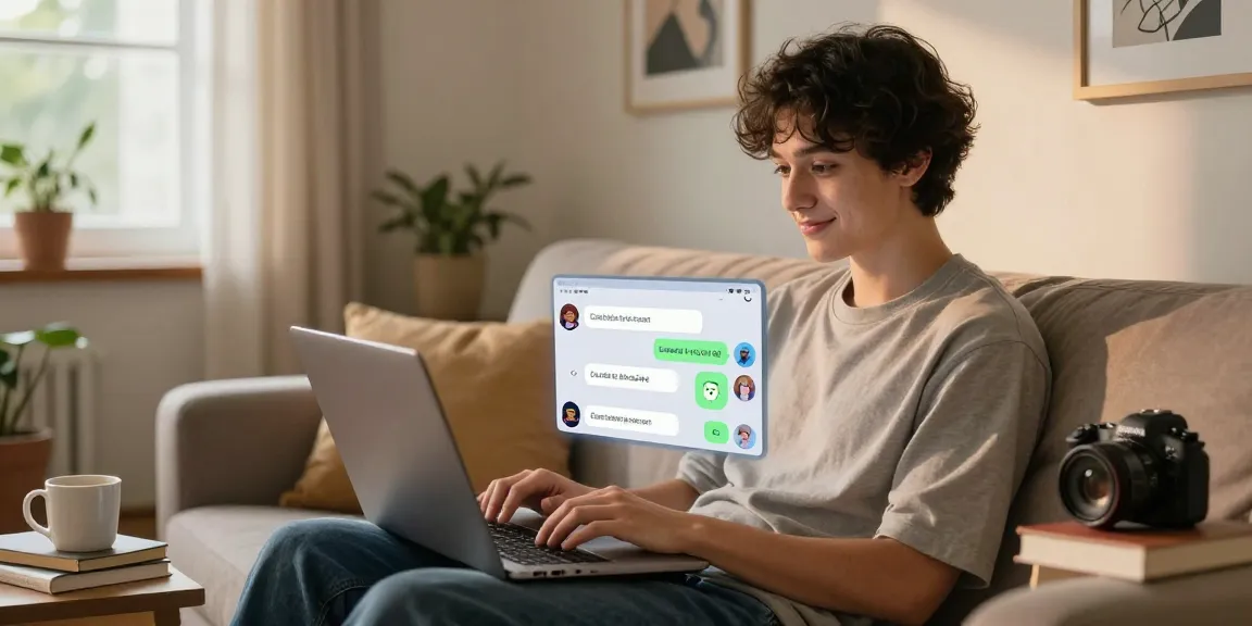 Engaging NSFW AI chat experience with diverse characters on screen, cozy home environment.