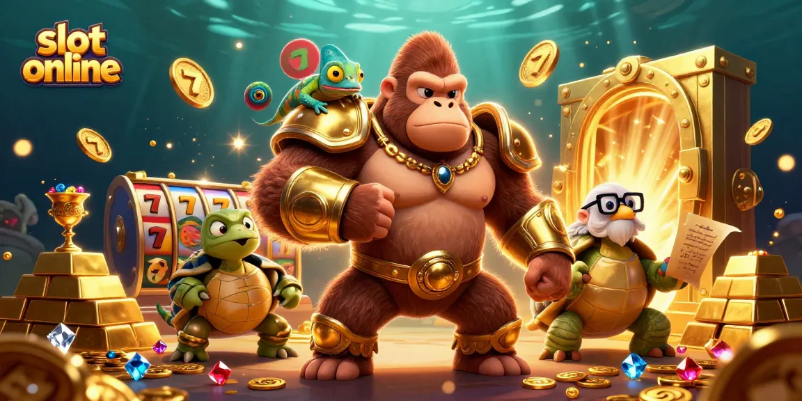 Memainkan slot online dengan karakter kartun raja gorila mengesankan dan pendamping chameleon yang cerdik.
