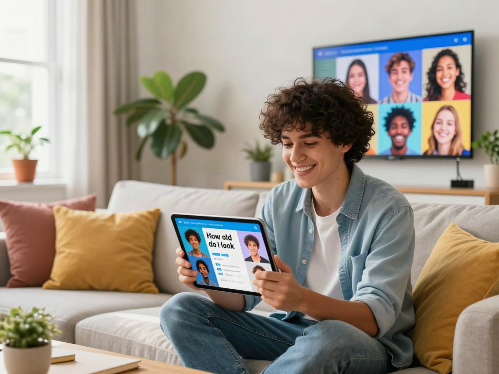 Young person engaging with how old do I look app in cozy room