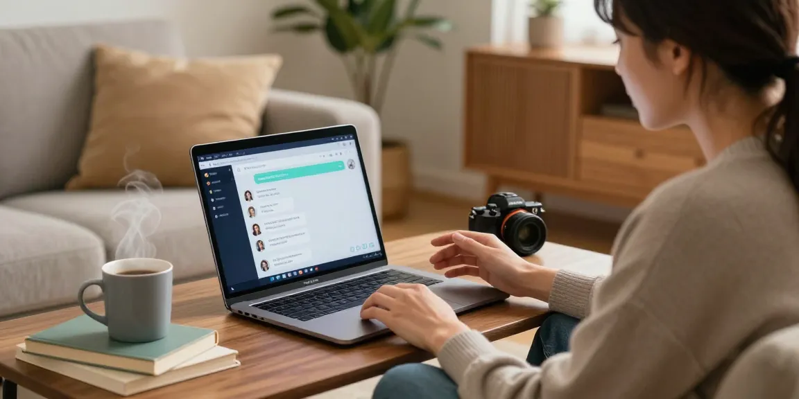 AI girlfriend chatting on a laptop in a cozy living room environment.