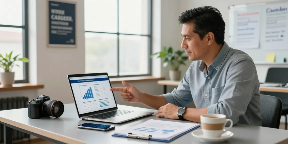 Business owner exploring merchant cash advance companies in a modern office setting with financial documents and a laptop.