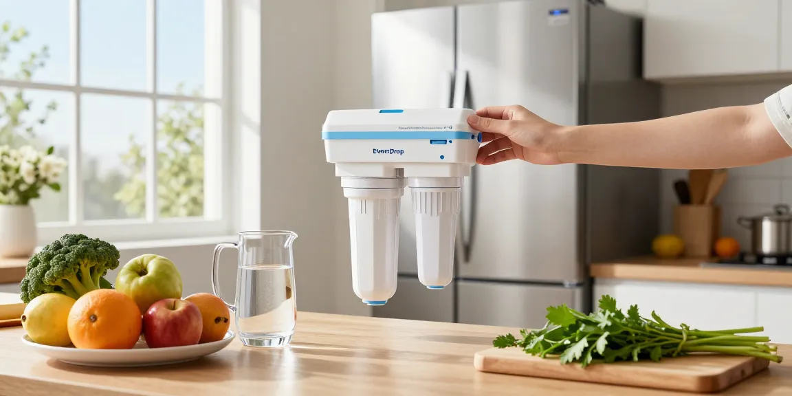 Replacing the Overbest UKF8001 Replacement for EveryDrop by Whirlpool Refrigerator Water Filter 4 in a bright modern kitchen filled with fresh ingredients.