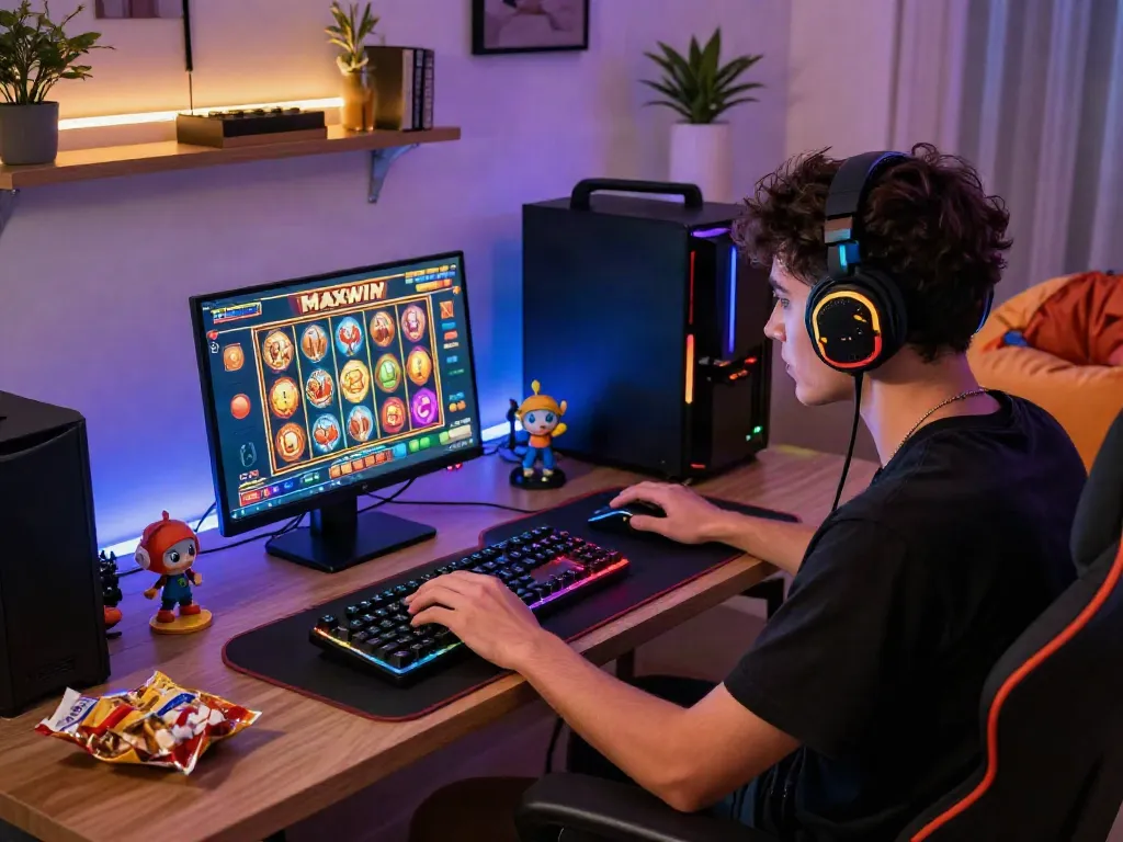 Gamer excitedly playing slot maxwin on a laptop in a vibrant gaming setup
