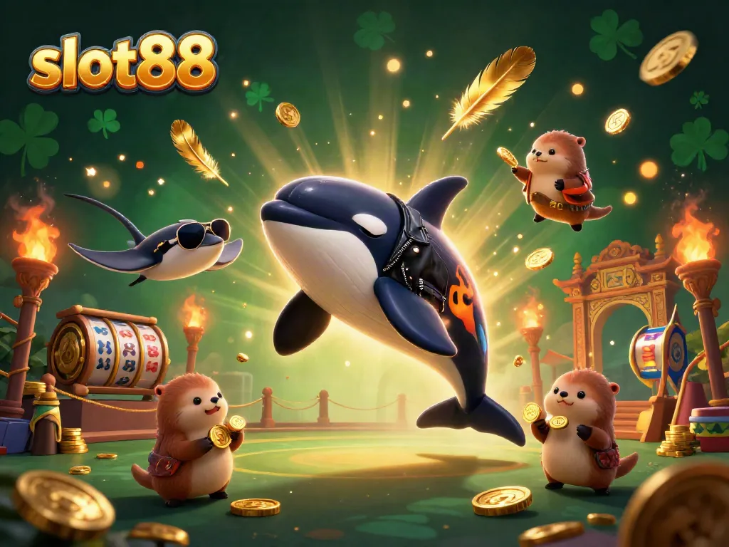 Experience slot88 excitement with a dynamic scene of an orca, stingray, and otters celebrating with coins.