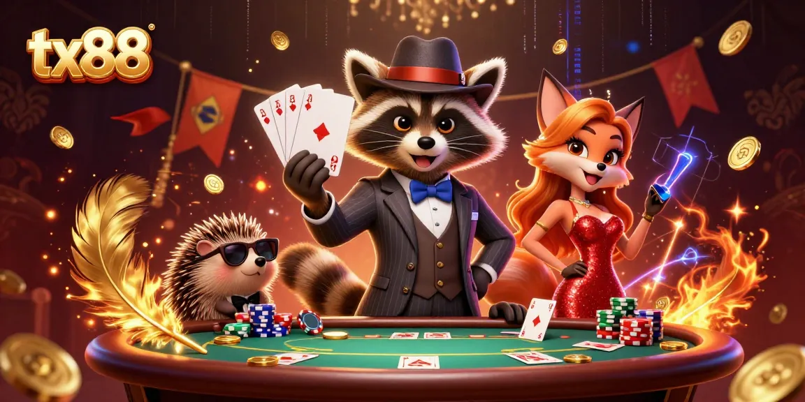 Experience winning action at tx88 with a suave raccoon, fox, and hedgehog in a vibrant poker scene.