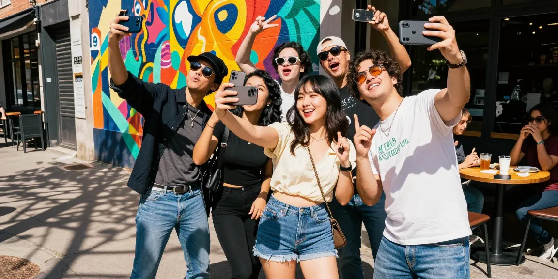 Group of friends enjoying fun selfies to find celebrities that look alike.