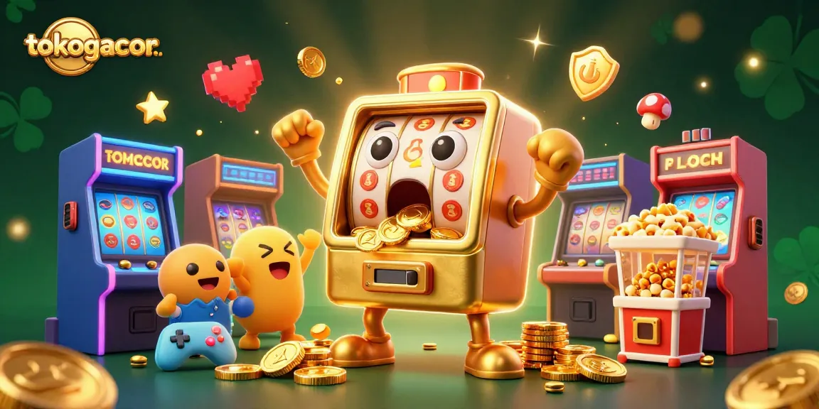 Mesin slot tokogacor merayakan jackpot dengan koin berhamburan, dikelilingi mesin slot kecil dan popcorn, dalam suasana ceria.