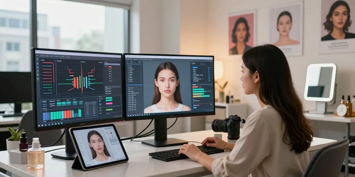 AI attractiveness test interface on a modern workstation showcasing facial metrics and analysis.
