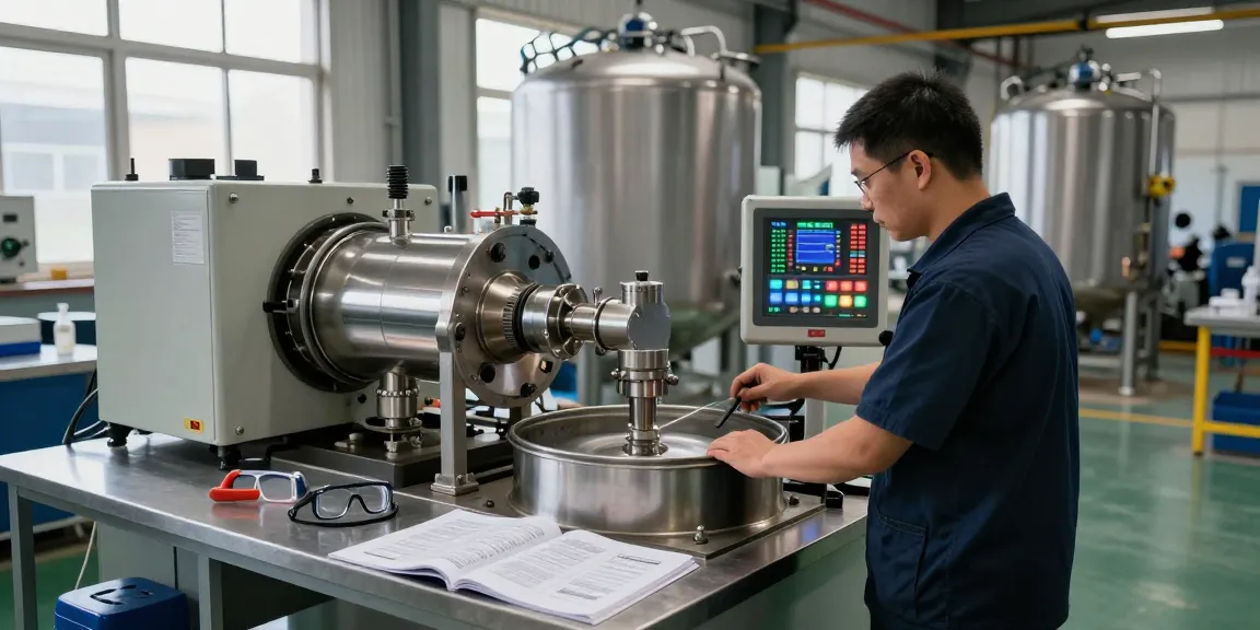 Technician operating an industrial centrifuge for solid-liquid separation in a high-tech workshop setting.