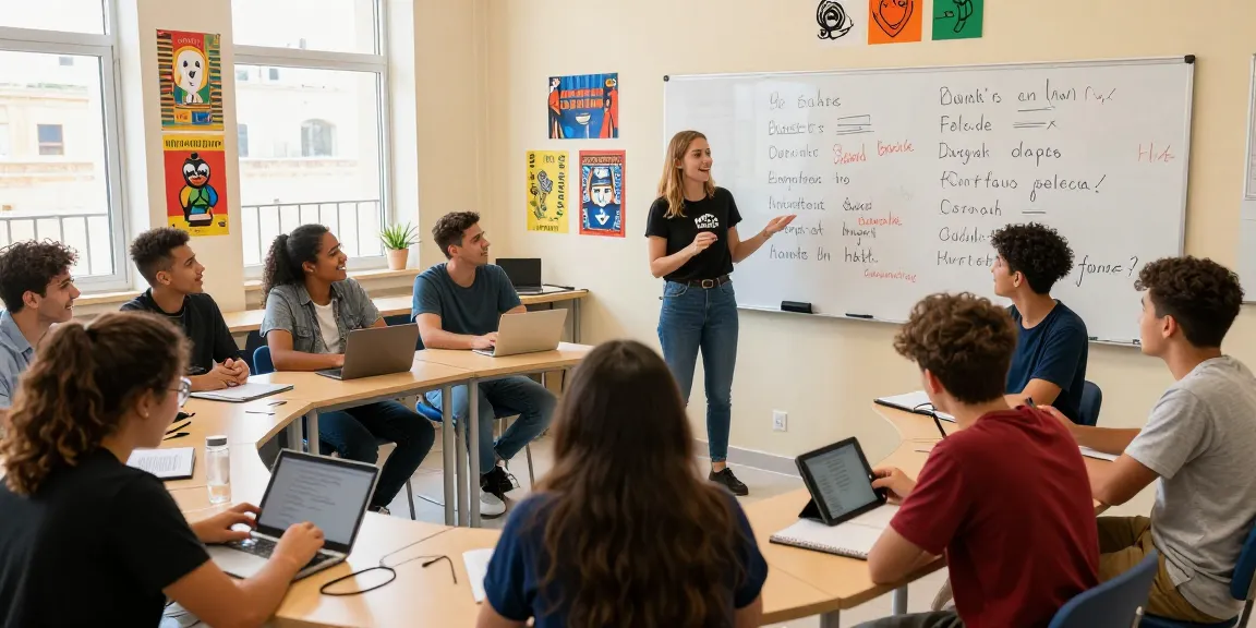 Corsi di inglese a Malta con studenti internazionali che imparano in un'aula vivace.