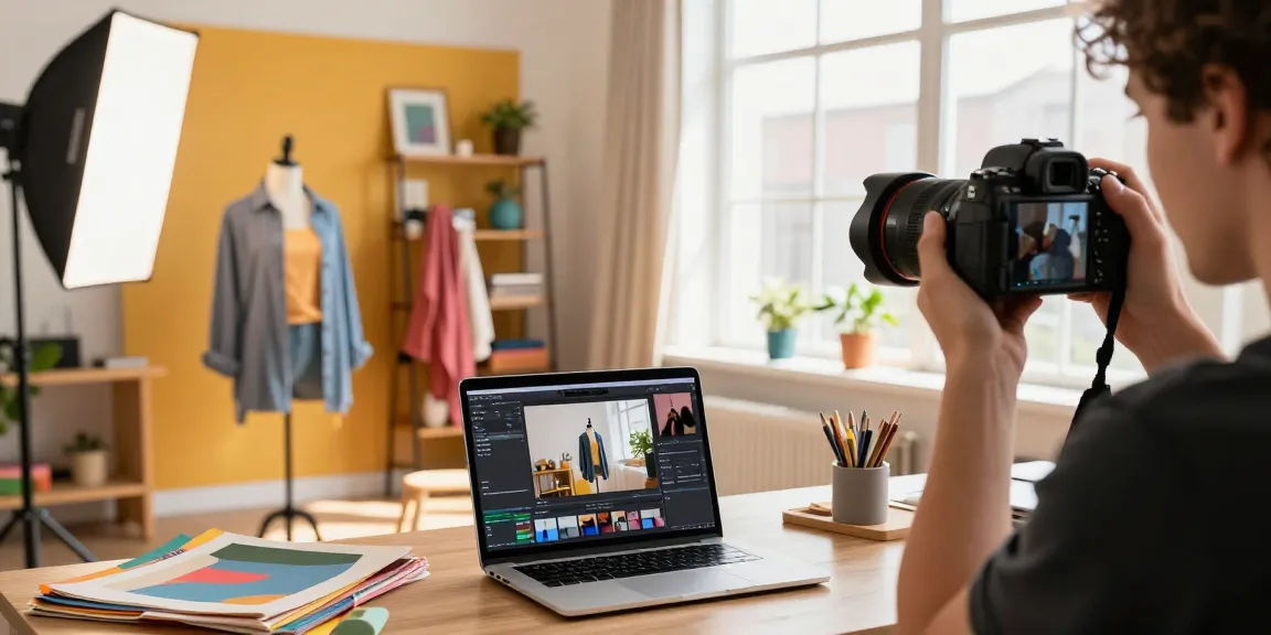 Foto ecommerce in uno studio urbano moderno con un fotografo al lavoro su abbigliamento di alta qualità.