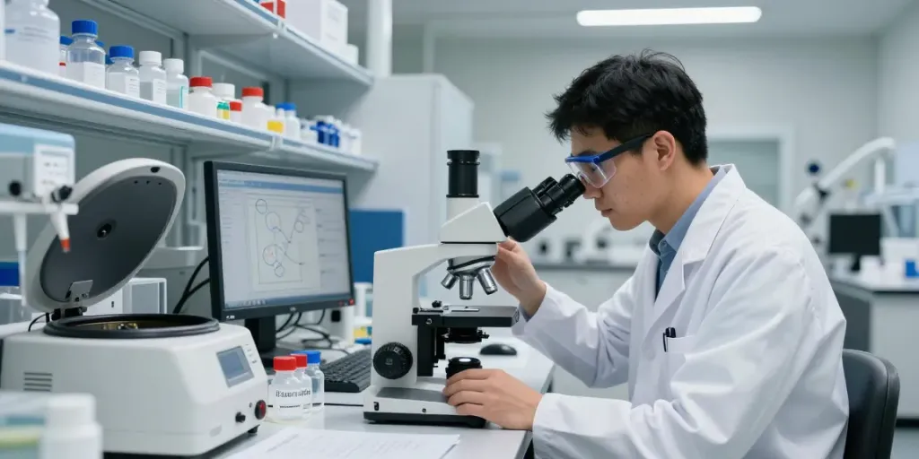 Researcher analyzing retatrutide Canada peptide in a modern laboratory.