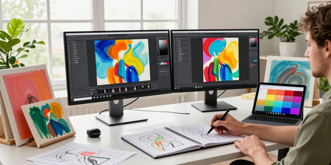Artist using Nano Banana 2 AI image editor in a modern creative workspace with vibrant art materials.