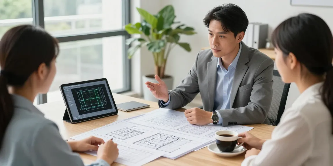 Licensed structural engineer in Missouri consulting with homeowner, analyzing architectural plans and structural reports in professional office.